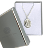 Silver necklace with pendant in a branded box on a white background