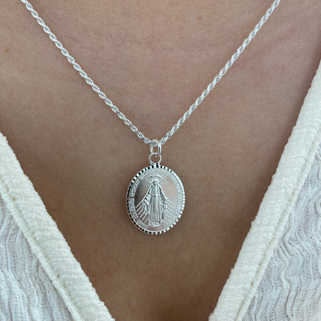 Sterling Silver Simple Miraculous Medal & Twist Rope Chain Necklace