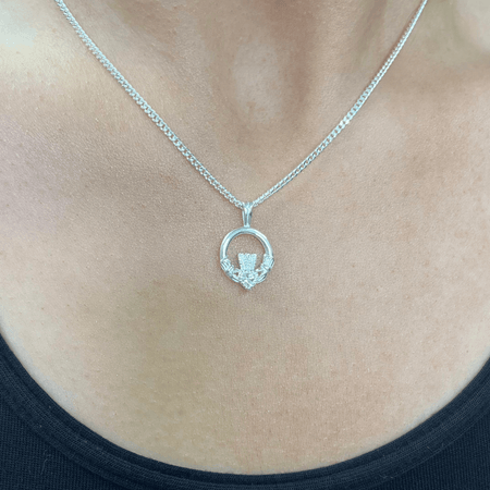 Sterling Silver Small Crystal Claddagh Pendant & Chain Necklace Set