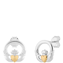 Silver claddagh earrings with a gold heart on a white background