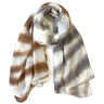 Striped scarf with brown, white, and gray pattern on a white background