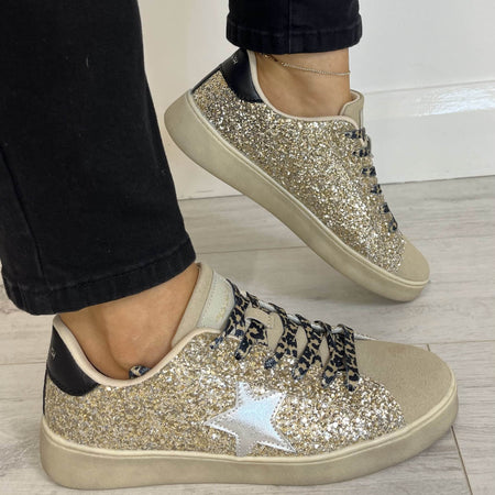 Teddy Smith Gold Sparkle & Leopard Lace Sneakers