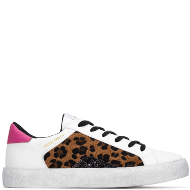 White sneaker with leopard print and pink heel tab on a white background
