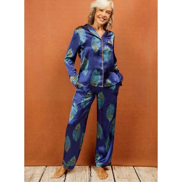 Their Nibs Satin Traditional Pyjamas - Navy Peacock Feather