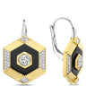 Gold and silver earrings with black and diamond accents on a white background