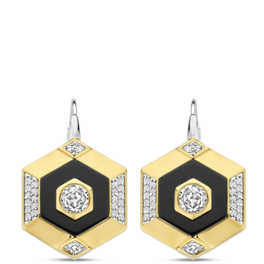 Hexagonal gold and black earrings with clear gemstones on a white background