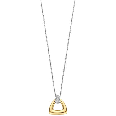 Gold and silver necklace with a triangular pendant on a white background