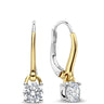 A pair of leverback earrings with round-cut clear gemstones in yellow gold and silver-tone settings, shown on a plain white background.