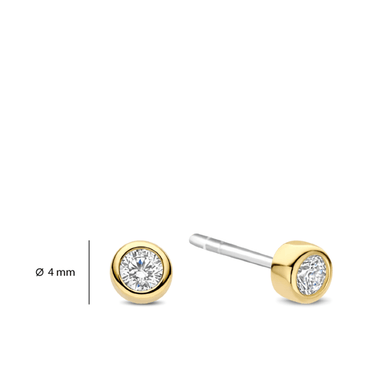 Gold and silver stud earrings with a clear gemstone on a white background