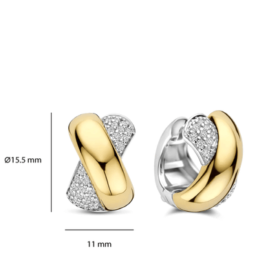 Gold and silver hoop earrings with measurements on a white background