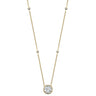 A delicate yellow gold chain necklace featuring a cushion-cut clear gemstone pendant and small bezel-set round accent stones spaced along the chain, shown against a plain white background.