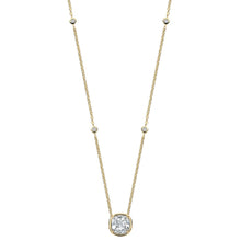 A delicate yellow gold chain necklace featuring a cushion-cut clear gemstone pendant and small bezel-set round accent stones spaced along the chain, shown against a plain white background.