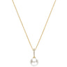A delicate gold chain necklace featuring a single lustrous white pearl pendant, accented by a small gold bar set with tiny clear stones at the bail.