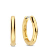A pair of polished yellow gold hoop earrings shown on a clean white background, with one earring viewed from the side and the other from the front at a slight angle.