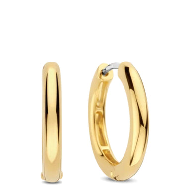 A pair of polished yellow gold hoop earrings shown on a clean white background, with one earring viewed from the side and the other from the front at a slight angle.