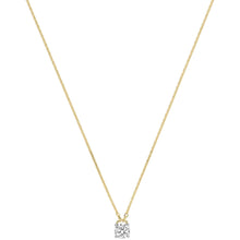 A delicate yellow gold chain necklace with a small cushion-cut clear gemstone pendant, displayed against a solid white background.