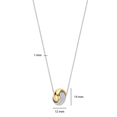Gold and silver necklace with measurements on a white background