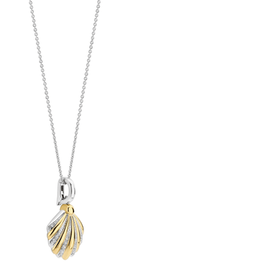 Two-tone leaf-shaped pendant on a chain against a white background