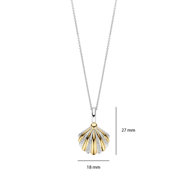 Gold and silver shell-shaped pendant on a chain with measurements on a white background