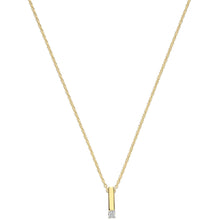 A delicate gold chain necklace featuring a vertical bar pendant with a small clear gemstone at the bottom, displayed against a solid white background.