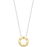 Gold necklace with a circular pendant on a white background