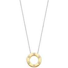 Gold necklace with a circular pendant on a white background