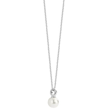 Silver necklace with a pearl pendant on a white background