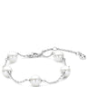 A silver chain bracelet featuring five white freshwater pearls spaced evenly along the chain, with a lobster clasp and extender chain on a plain white background.