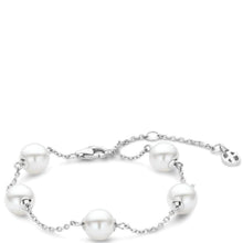 A silver chain bracelet featuring five white freshwater pearls spaced evenly along the chain, with a lobster clasp and extender chain on a plain white background.