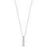 A delicate silver-toned necklace featuring a vertical bar pendant paved with small clear stones, set against a solid white background.