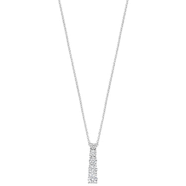 A delicate silver-toned necklace featuring a vertical bar pendant paved with small clear stones, set against a solid white background.