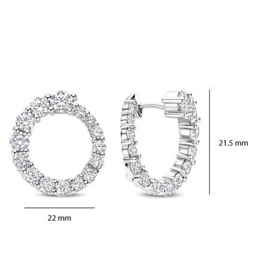 Pair of diamond hoop earrings with measurements on a white background