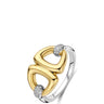 Two-tone gold and silver ring with diamond accents on a white background