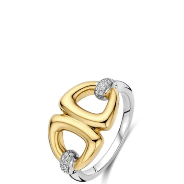 Two-tone gold and silver ring with diamond accents on a white background