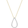 A delicate gold chain necklace featuring an open teardrop-shaped pendant paved with small clear stones, set against a plain white background.