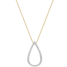 A delicate gold chain necklace featuring an open teardrop-shaped pendant paved with small clear stones, set against a plain white background.