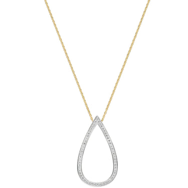 A delicate gold chain necklace featuring an open teardrop-shaped pendant paved with small clear stones, set against a plain white background.