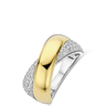Two-tone gold and silver ring with diamond accents on a white background