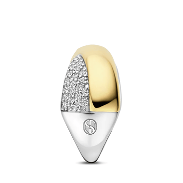 Gold and silver ring with a logo on a white background