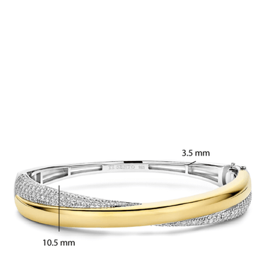 Two gold bracelets with measurements on a white background