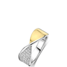 Two-tone gold and silver ring with diamond accents on a white background