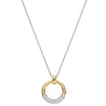 A delicate silver chain necklace featuring a pendant with a polished gold half-circle and a pavé-set diamond half-circle, shown on a solid white background.