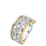 A two-tone curved ring featuring a silver pavé setting with clear round stones and a polished gold outer band, shown on a white background.