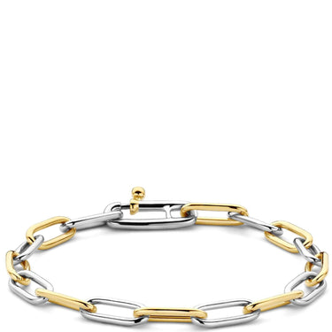 Two-tone gold and silver chain bracelet on a white background