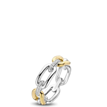 Two-toned ring with gold and silver links on a white background