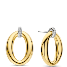 large gold oval stud earrings with clear crystals