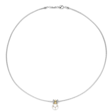 A delicate silver-toned snake chain necklace with a small central charm featuring a white pearl and a tiny gold accent, displayed on a clean white background.