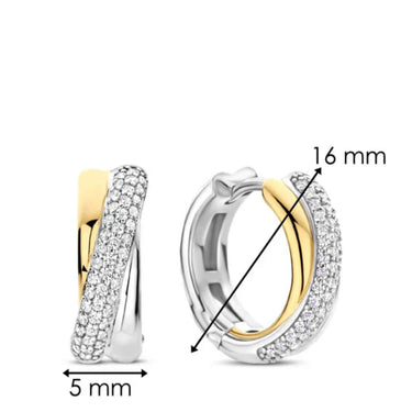 Pair of hoop earrings with gold and silver finish, showing dimensions on a white background.