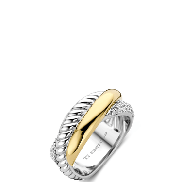 Two-tone ring with gold and silver design on a white background