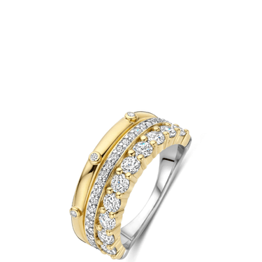 Two-tone gold and silver ring with diamonds on a white background